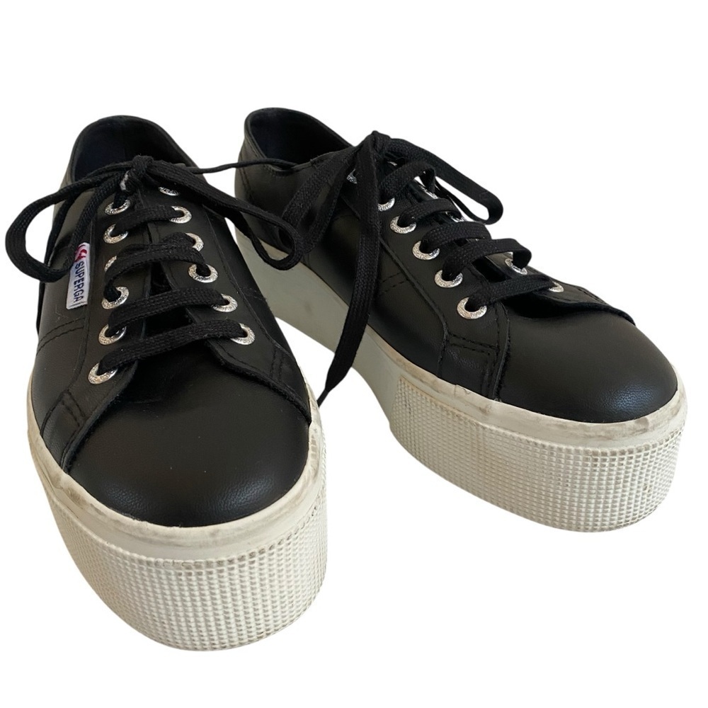 Superga EUC 2790 Nappa Black Leather Platform Sneakers EU 37.5 SZ 6.5 - Picture 3 of 16